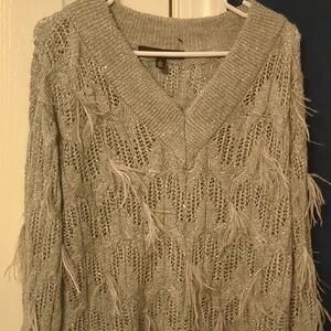 White House Black Market Beige V-Neck Sweater with Fringe